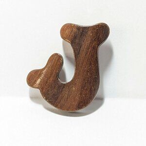 Vintage Wooden Letter J Initial Brooch Pin Medium Brown Shade Wood Grain Showing